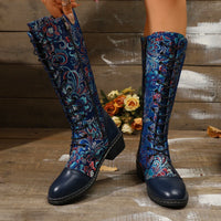 Botte haute bleu Simili Cuir Femme - Bottes bleues avec broderies florales artistiques 2