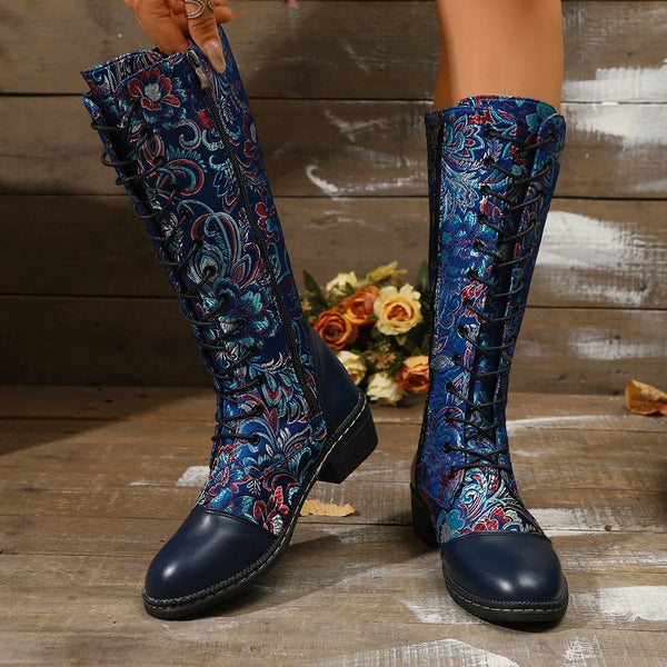 Botte haute bleu Simili Cuir Femme - Bottes bleues avec broderies florales artistiques