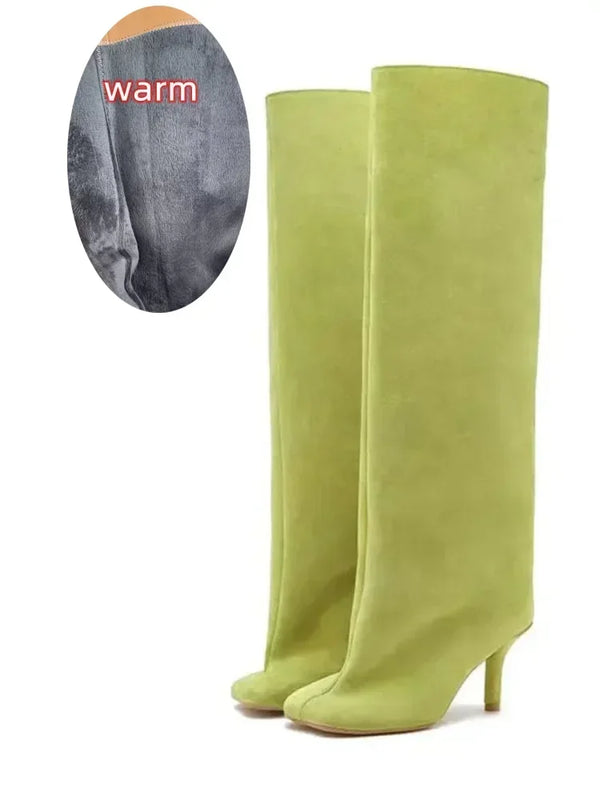 Santiag haute vert Daim Synthétique Femme - Élégance verte avec talons fins