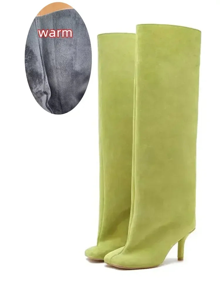 Santiag haute vert Daim Synthétique Femme - Élégance verte avec talons fins