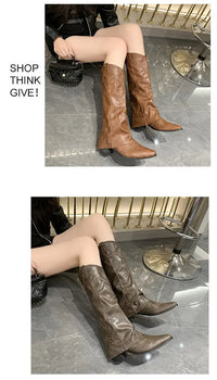 Santiag haute marron Simili Cuir Femme - Bout pointu et clous décoratifs élégants 1