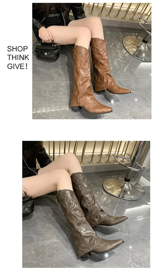 Santiag haute marron Simili Cuir Femme - Bout pointu et clous décoratifs élégants