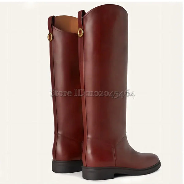 Botte haute marron Simili Cuir Femme - Bottes rouges à boucles dorées élégantes