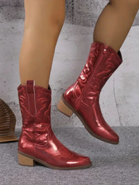 Santiag mi-haute rouge Simili Cuir Femme - Broderies western et texture métallisée 4