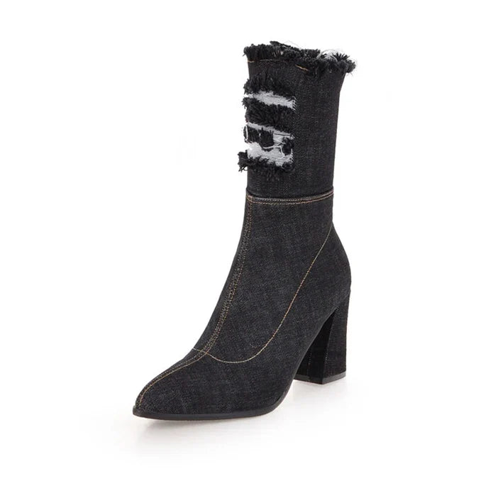 Botte haute noir Synthétique Femme - Santiags noires avec denim effiloché