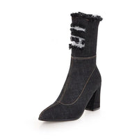 Botte haute noir Synthétique Femme - Santiags noires avec denim effiloché 1
