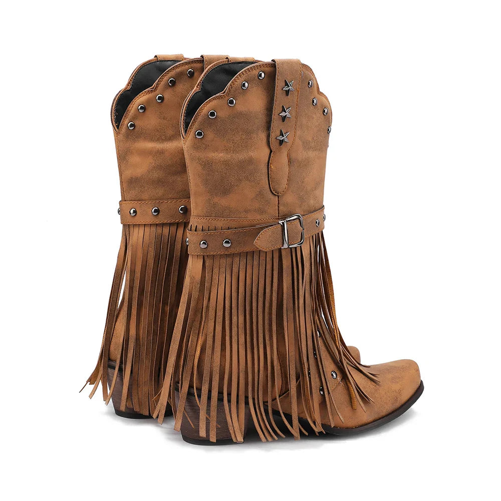 Santiag mi-haute camel Simili Cuir Femme - Franges et détails étoilés distinctifs 2