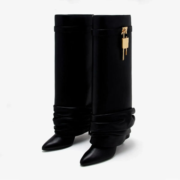 Botte haute noir Simili Cuir Homme - Style cowboy moderne avec cadenas doré