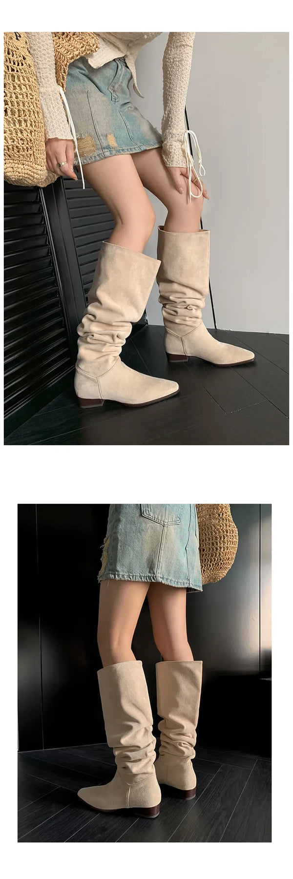 Santiag haute vert Daim Femme - Bottes élégantes à bout pointu unique