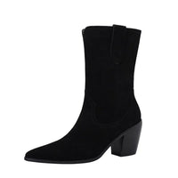 Santiag mi-haute noir Daim Femme - Élégantes bottes à bout pointu cousues 1