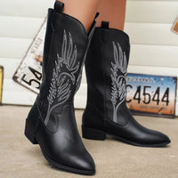 Santiag mi-haute noir Simili Cuir Femme - Broderies plume avec coutures blanches contrastées 3