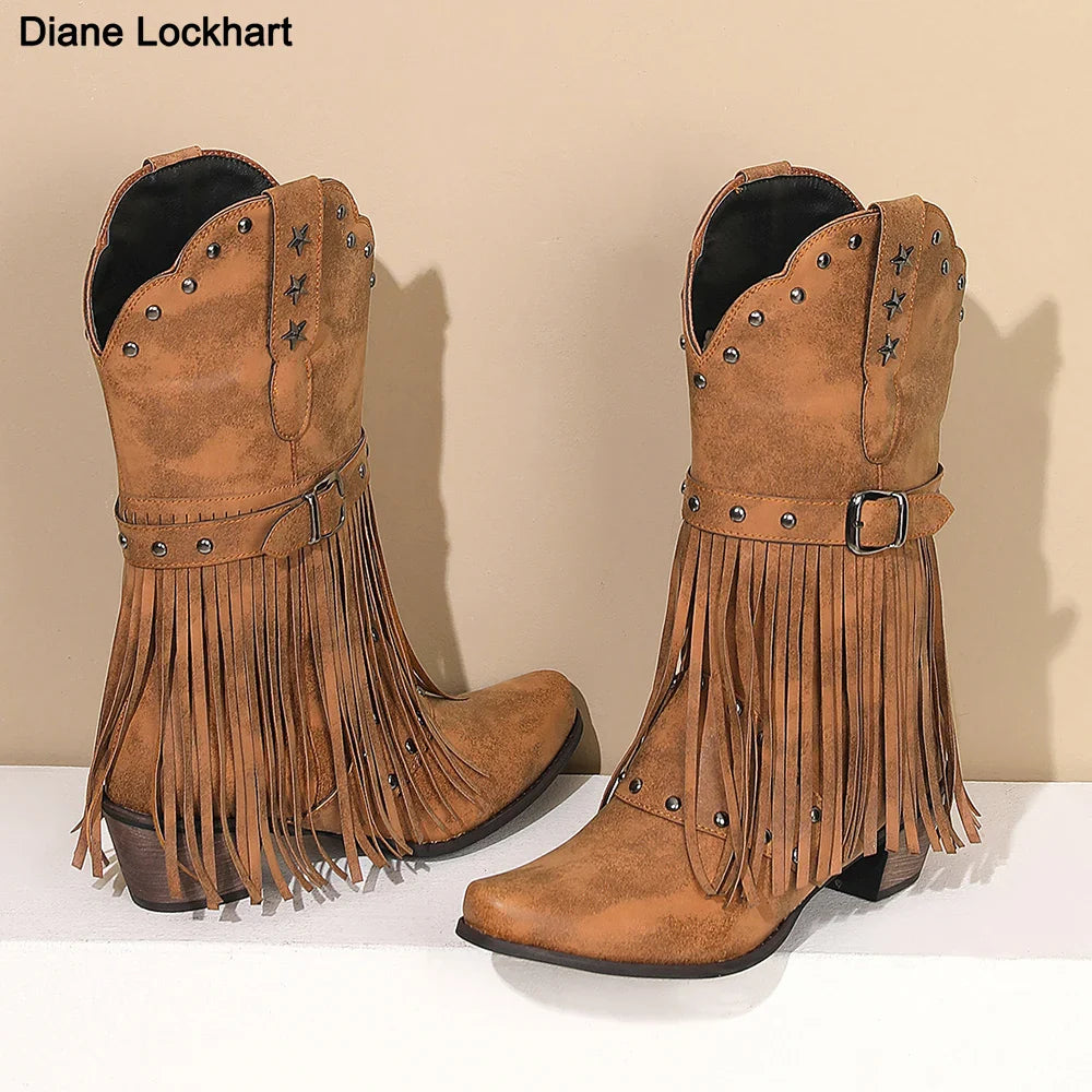 Santiag mi-haute camel Simili Cuir Femme - Franges et détails étoilés distinctifs 4