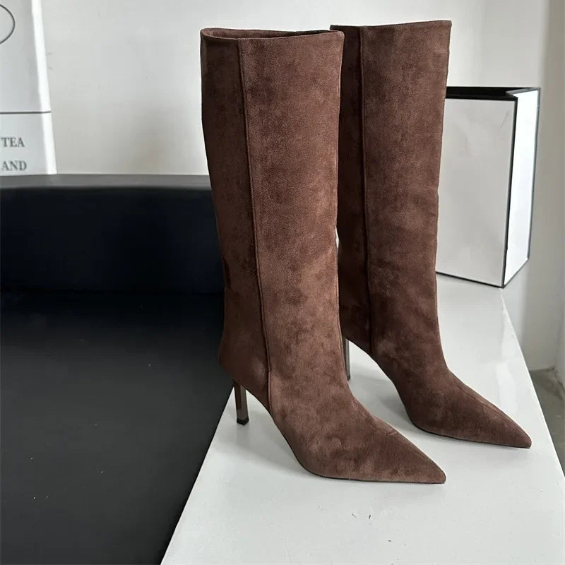 Botte haute marron Daim Femme - Élégance western bout pointu et stiletto 3