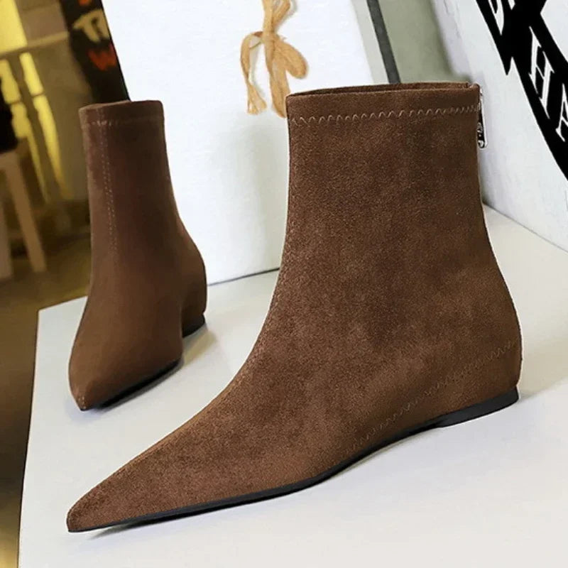 Bottine marron Daim Femme - Bout pointu et fermeture éclair arrière