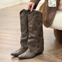 Santiag haute marron foncé Simili Cuir Femme - Clous métalliques géométriques élégants 5