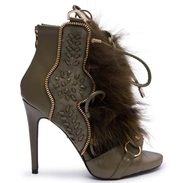 Santiag mi-haute vert Synthétique Femme - Boots à talons ouverts avec fourrure