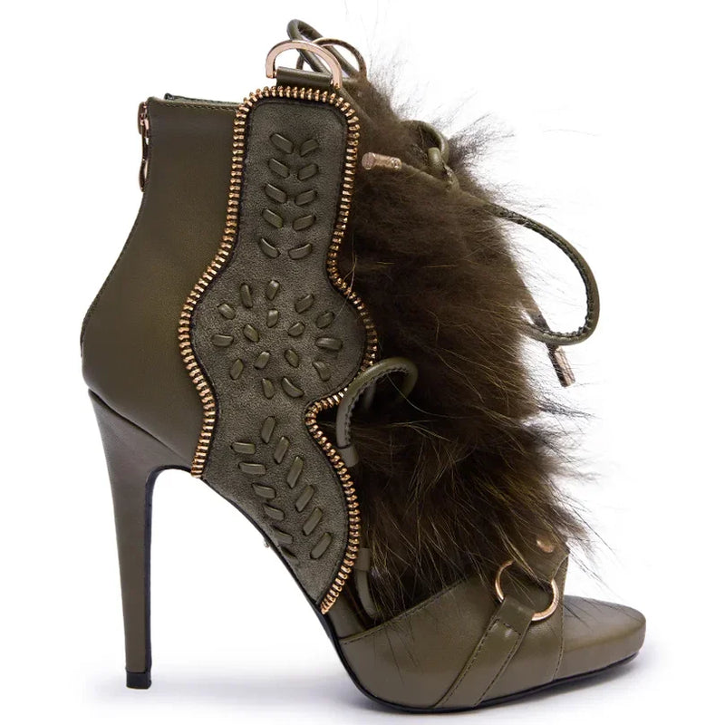 Santiag mi-haute vert Synthétique Femme - Boots à talons ouverts avec fourrure