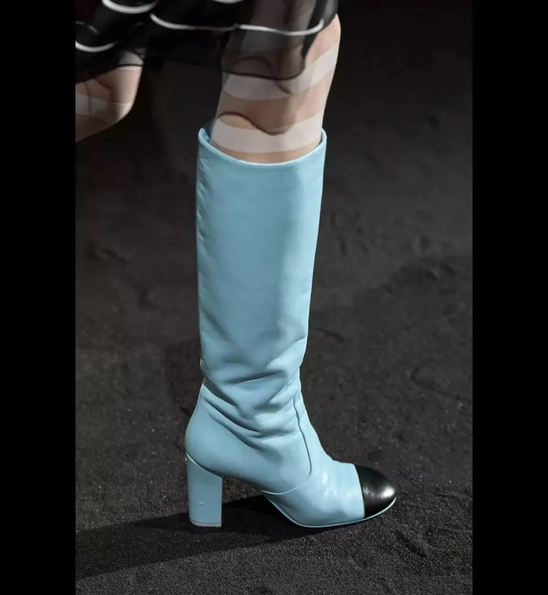 Santiag haute bleu Simili Cuir Femme - Bout noir contrastant, élégance audacieuse