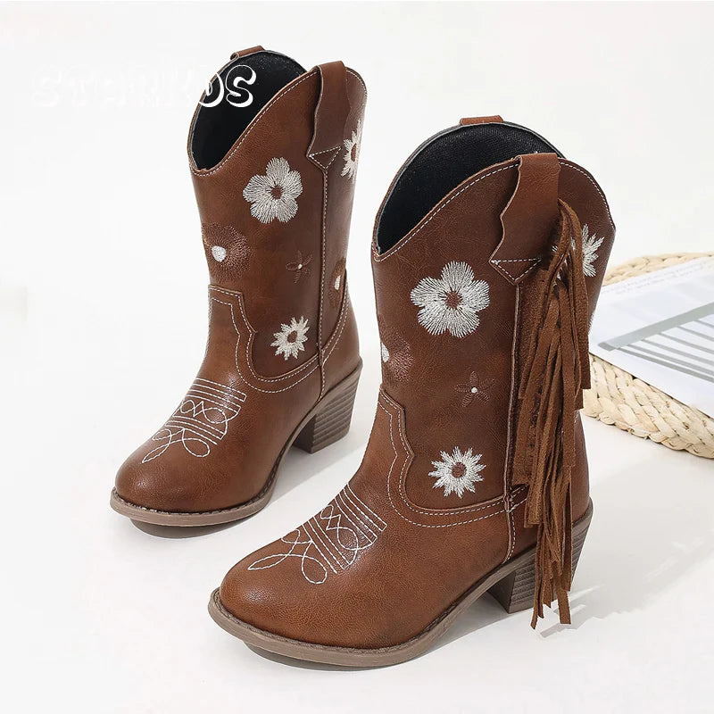 Santiag mi-haute marron Simili Cuir Fille - Broderies florales avec franges élégantes 8