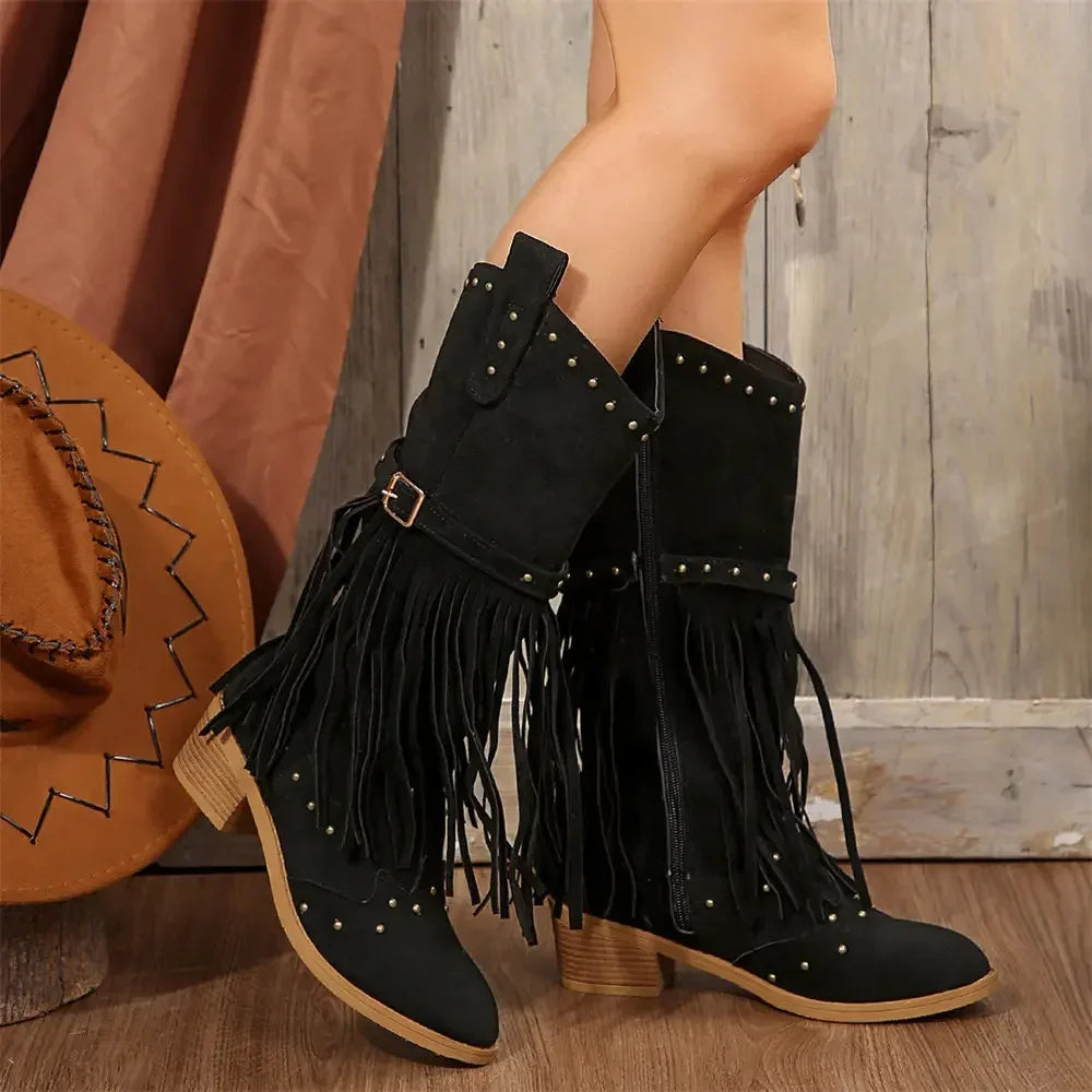 Santiag mi-haute noir Daim Femme - Franges longues et clous audacieux 2