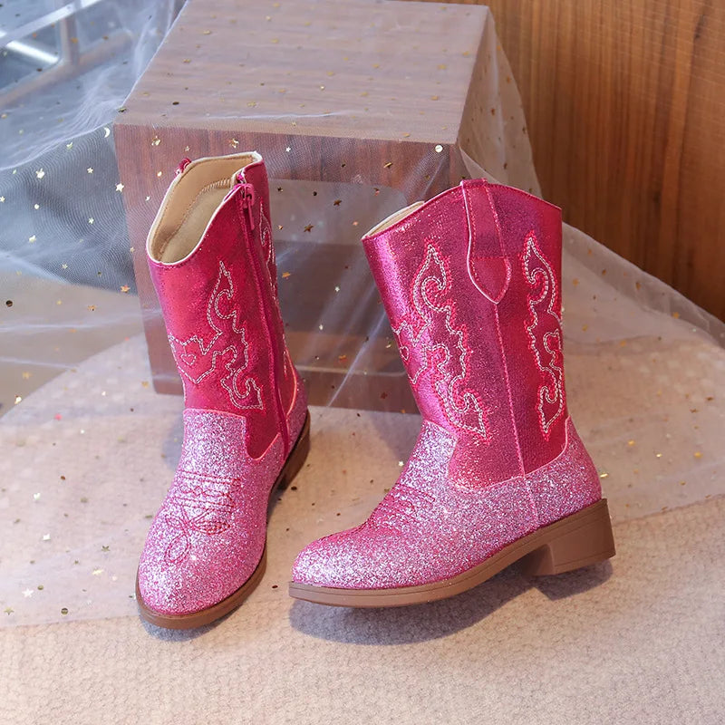 Santiag haute rose à paillettes Synthétique Fille - Rose scintillantes avec broderies élégantes 5