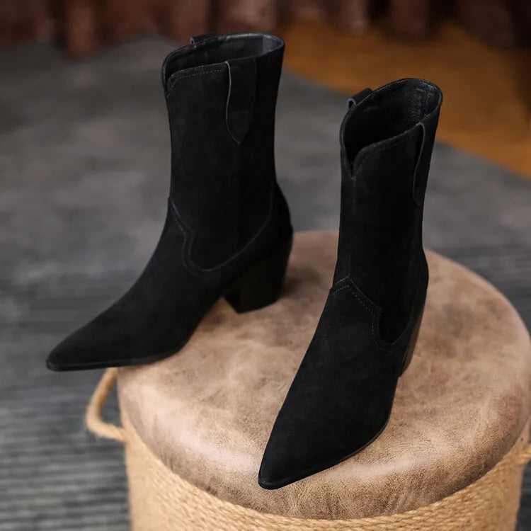 Santiag mi-haute noir Daim Femme - Élégantes bottes à bout pointu cousues 4