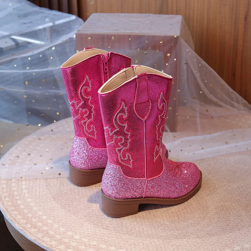 Santiag haute rose à paillettes Synthétique Fille - Rose scintillantes avec broderies élégantes 4