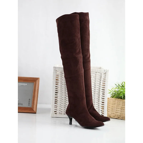 Botte haute marron foncé Daim Femme - Bottes santiags modernes à talons fins