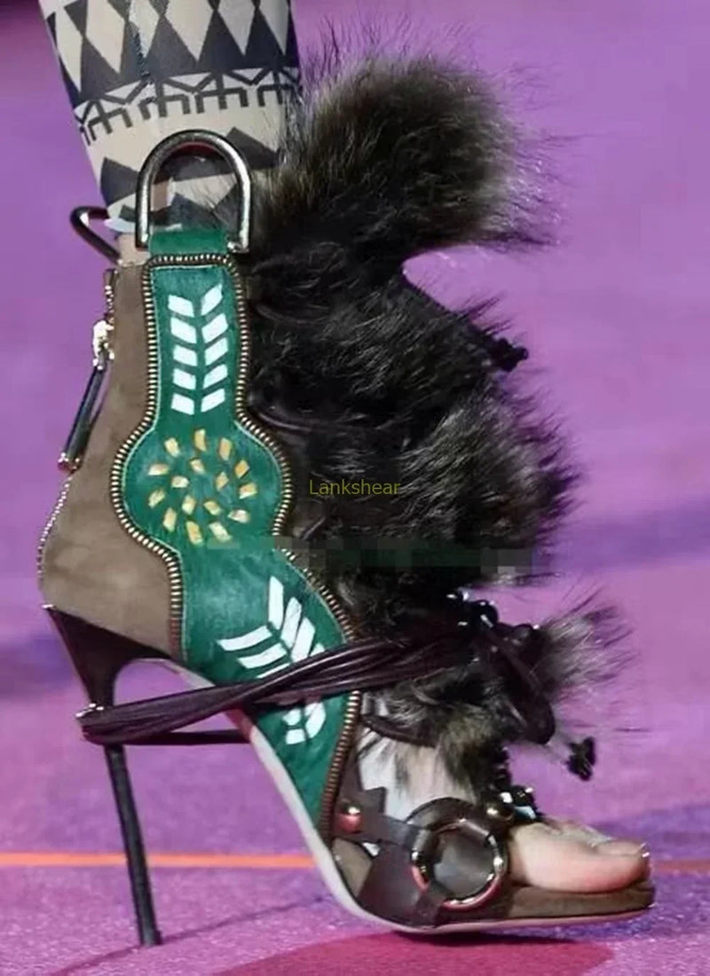 Santiag mi-haute multicolore Daim Synthétique Femme - Fourrure noire avec broderies géométriques