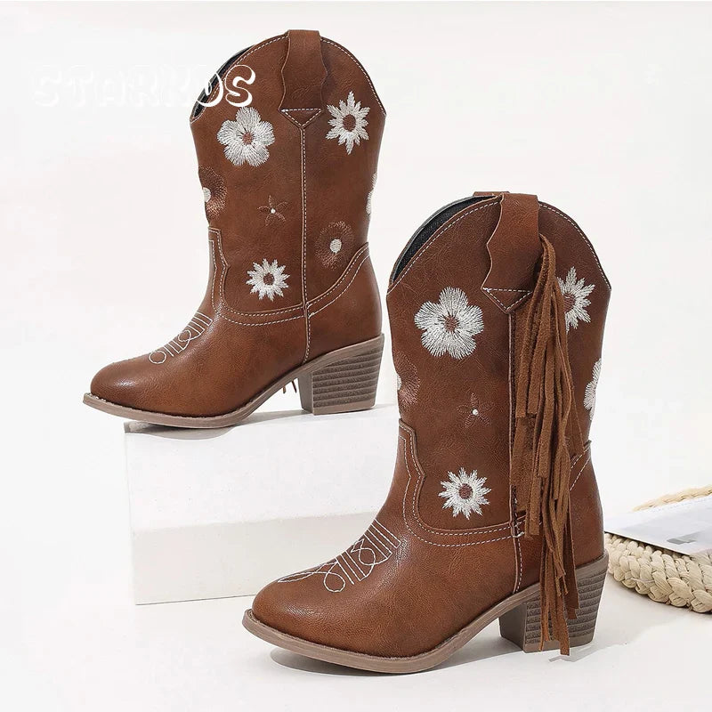 Santiag mi-haute marron Simili Cuir Fille - Broderies florales avec franges élégantes 7