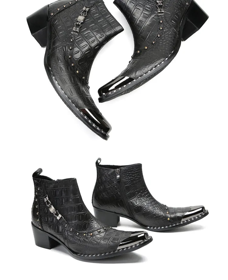 Santiag mi-haute noir Cuir Homme - Bout métallique avec clous et texture croco 4