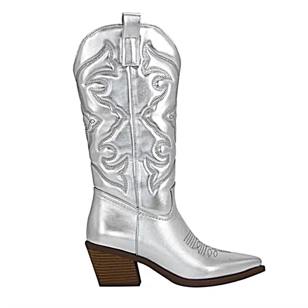 Santiag mi-haute blanc Simili Cuir Homme - Broderies western élégantes et talons carrés