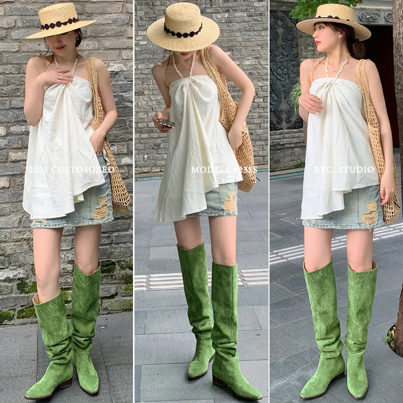 Santiag haute beige Daim Femme - Talon carré élégant et bout pointu