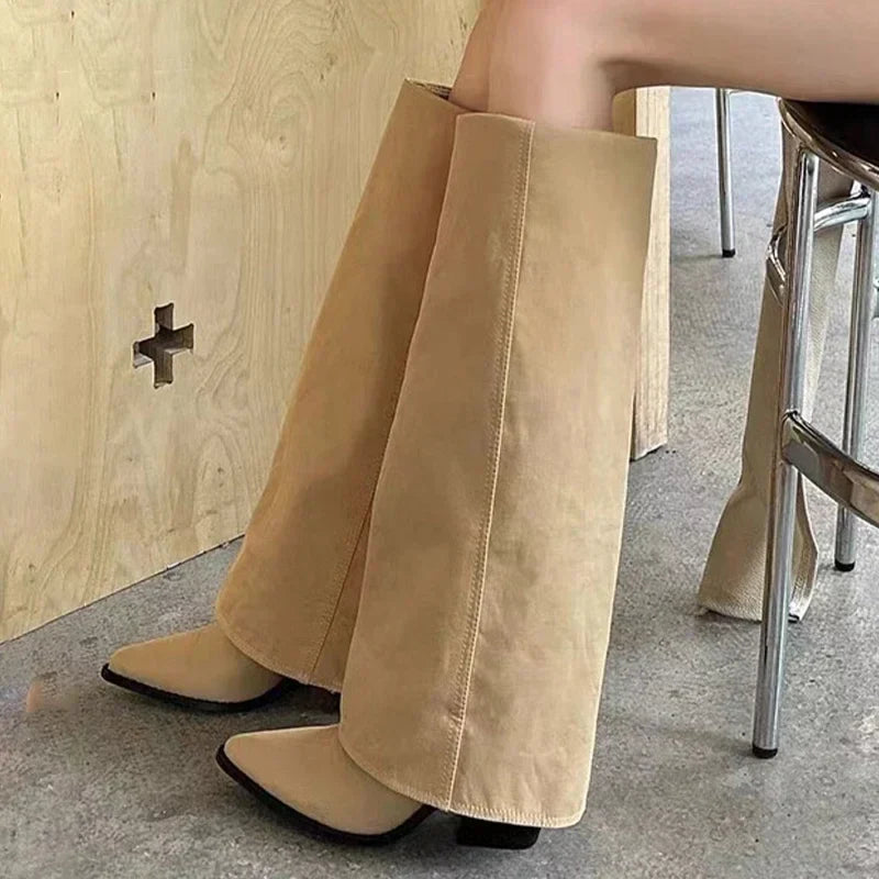 Santiag haute beige Simili Cuir Femme - Design minimaliste avec bout pointu distinctif