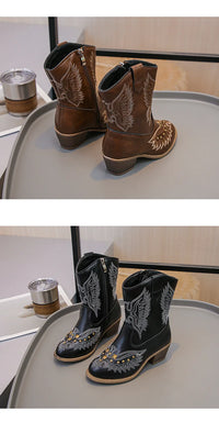 Santiag mi-haute noir Simili Cuir Fille - Broderies ailes et clous dorés 3