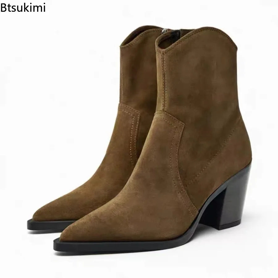 Santiag mi-haute marron Daim Synthétique Femme - Talon cubain épais et bout pointu