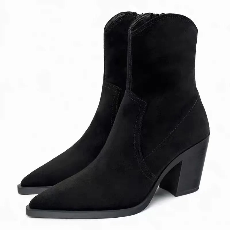Santiag mi-haute noir Daim Femme - Talon carré élégant et bout pointu
