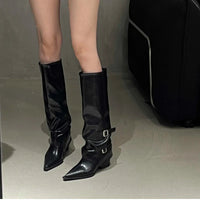 Santiag haute marron foncé Simili Cuir Femme - Design moderne avec boucles métalliques 2