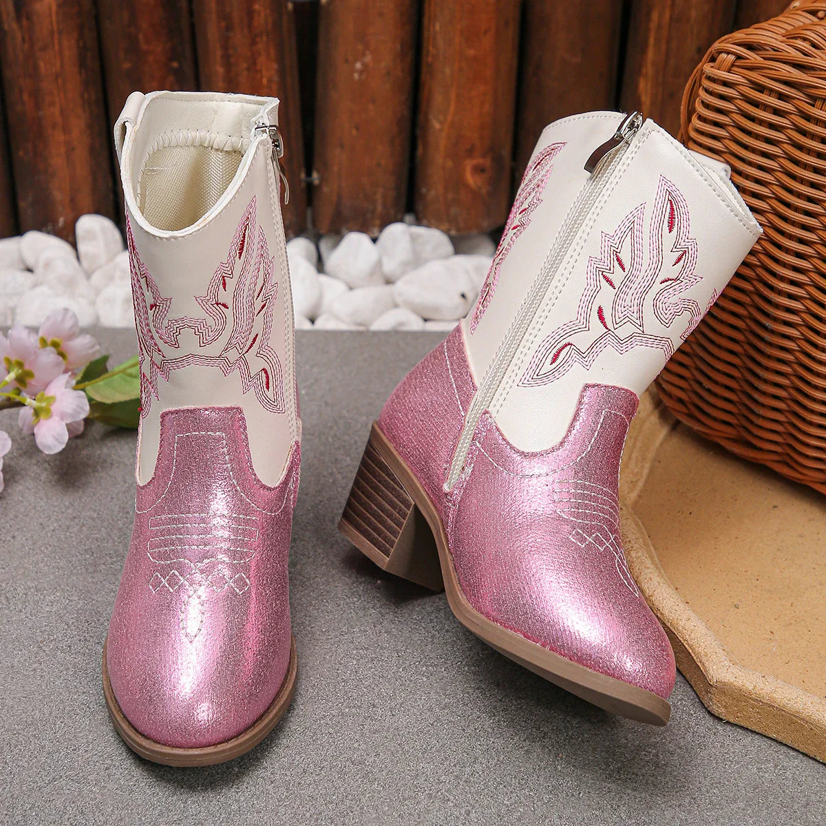 Santiag basse rose à paillettes Synthétique Fille - Rose scintillant avec broderies western 4