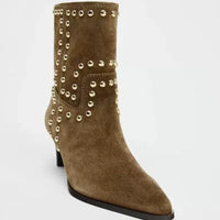 Santiag mi-haute marron Daim Femme - Clous dorés en motifs géométriques 4