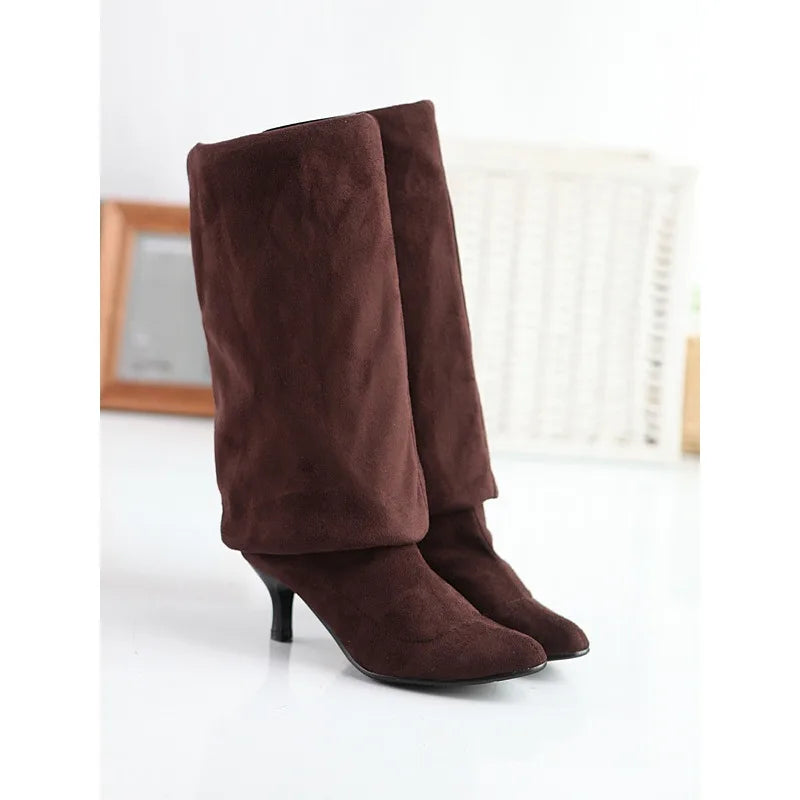 Botte haute marron foncé Daim Femme - Bottes santiags modernes à talons fins 4