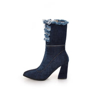 Botte haute bleu Synthétique Femme - Santiags denim avec détails effilochés 7