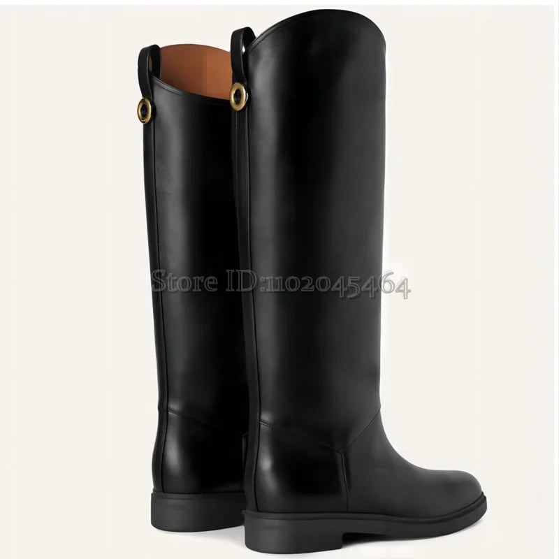 Botte haute noir Simili Cuir Femme - Élégantes santiags noires à boucle dorée