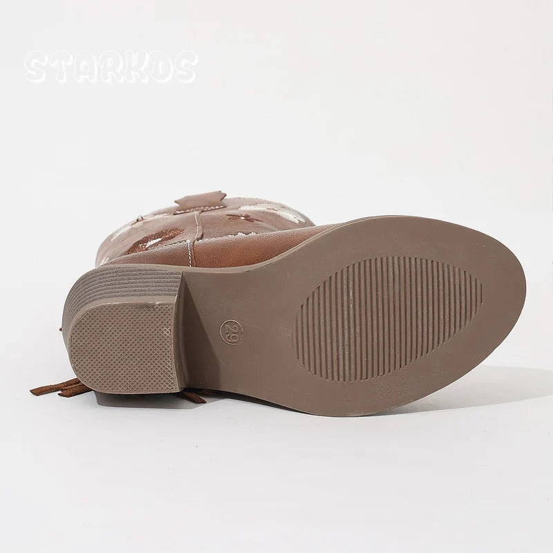 Santiag mi-haute marron Simili Cuir Fille - Broderies florales avec franges élégantes 5