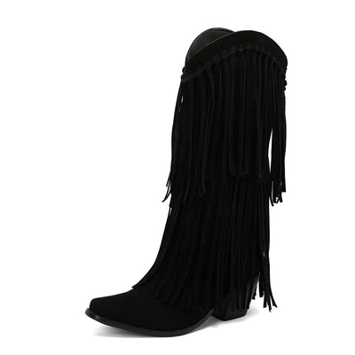 Santiag haute noir Daim Femme - Franges longues et bout pointu élégant