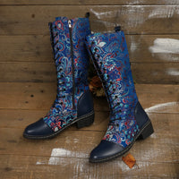 Santiag mi-haute noir Simili Cuir Femme - Broderies florales rouge et bleue élégantes 4