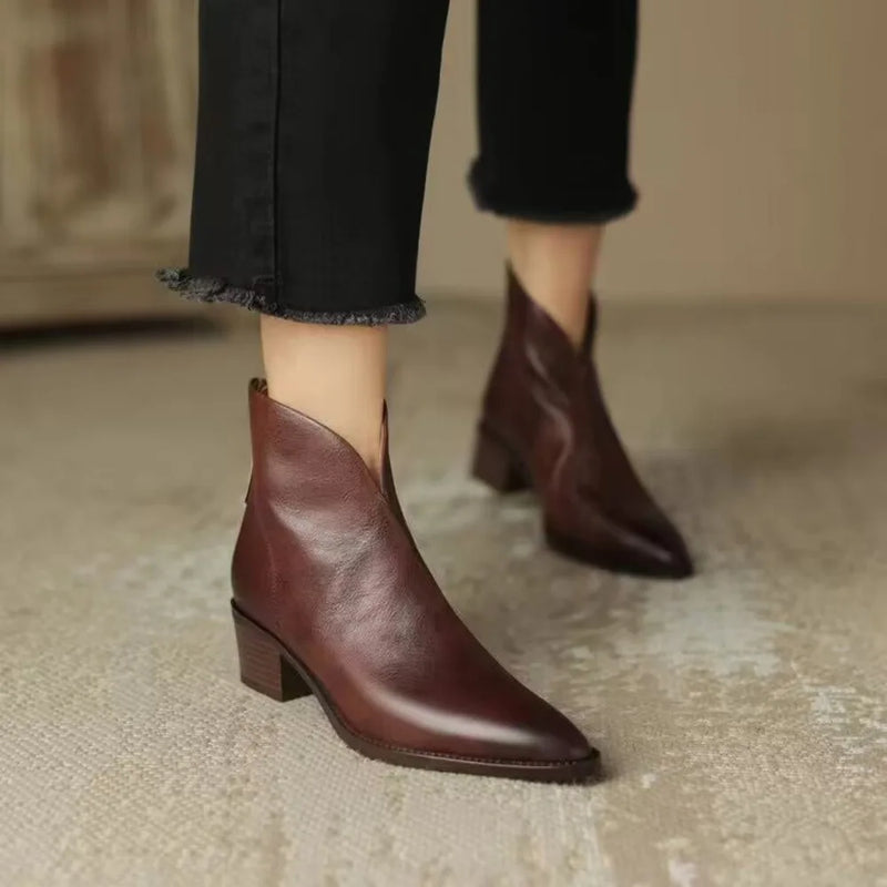 Santiag mi-haute marron Simili Cuir Femme - Bout pointu, talon carré moyen