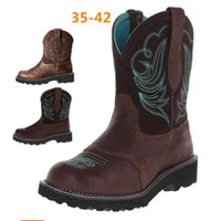 Santiag mi-haute marron foncé Simili Cuir Femme - Broderie turquoise sur fond marron 2