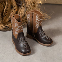 Santiag mi-haute marron foncé Simili Cuir Fille - Broderies western blanches sur fond marron 4