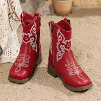 Santiag mi-haute rouge Cuir Fille - Broderies blanches et style western moderne 7